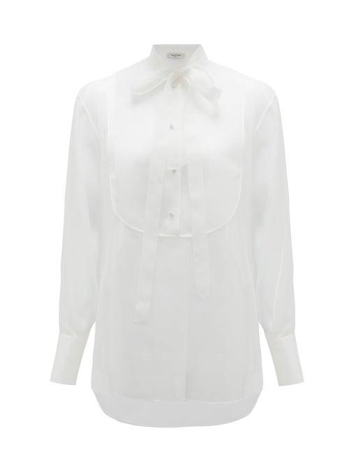 Matchesfashion.com Valentino - Tie-neck Bib-front Silk-organza Blouse - Womens - White