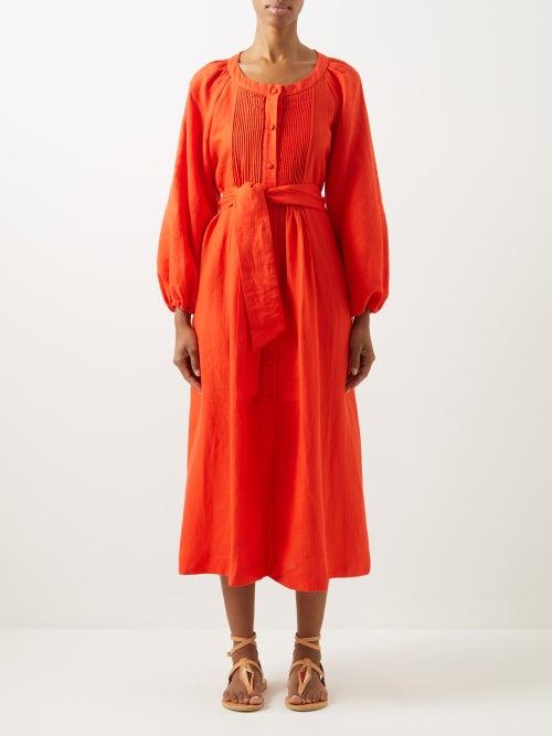 Casa Raki - Felicia Balloon-sleeve Organic-linen Dress - Womens - Mid Red