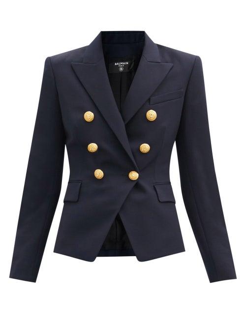 Ladies Rtw Balmain - Double-breasted Wool-twill Blazer - Womens - Navy