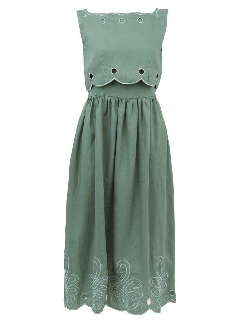 Matchesfashion.com Innika Choo - Fonda Laif Embroidered Linen Midi Dress - Womens - Green