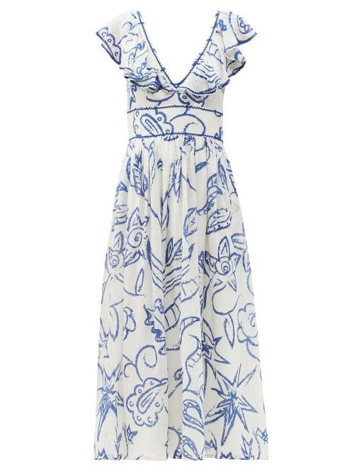 Matchesfashion.com Le Sirenuse, Positano - Frida Ruffled Floral-print Cotton Dress - Womens - Blue Print