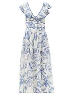 Matchesfashion.com Le Sirenuse, Positano - Frida Ruffled Floral-print Cotton Dress - Womens - Blue Print