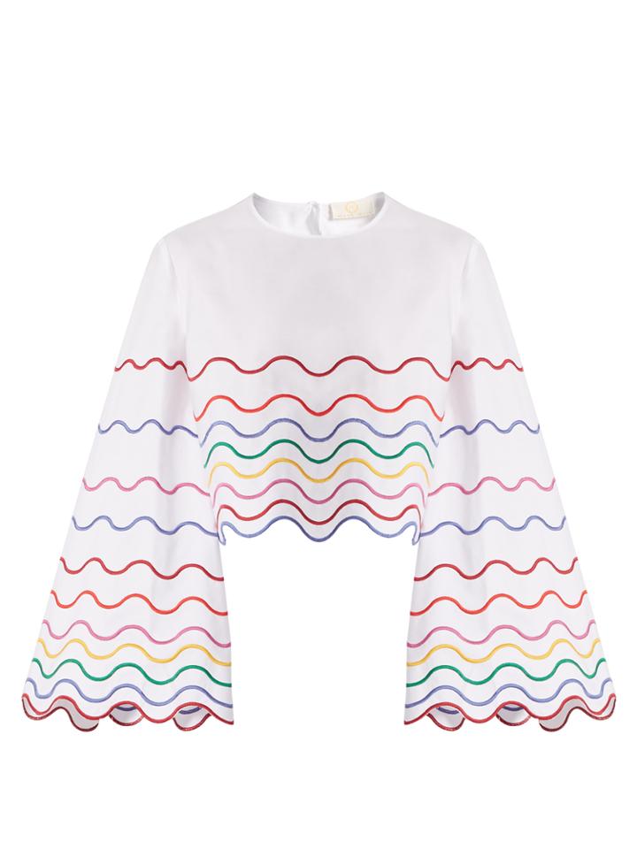 Sara Battaglia Wave-embroidered Bell-sleeve Cotton Top