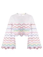 Sara Battaglia Wave-embroidered Bell-sleeve Cotton Top