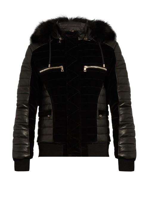 Balmain Fur-trim Quilted Velvet And Leather Bomber Jacket