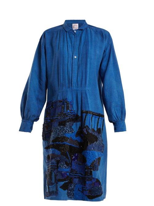 Matchesfashion.com Kilometre Paris - Karimabad Bead Embellished Linen Shirtdress - Womens - Blue Multi