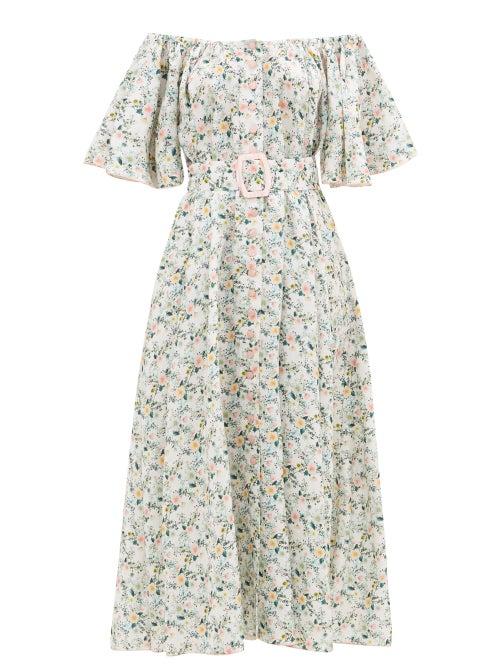 Matchesfashion.com Gl Hrgel - Off-the-shoulder Belted Floral-print Linen Dress - Womens - White Multi
