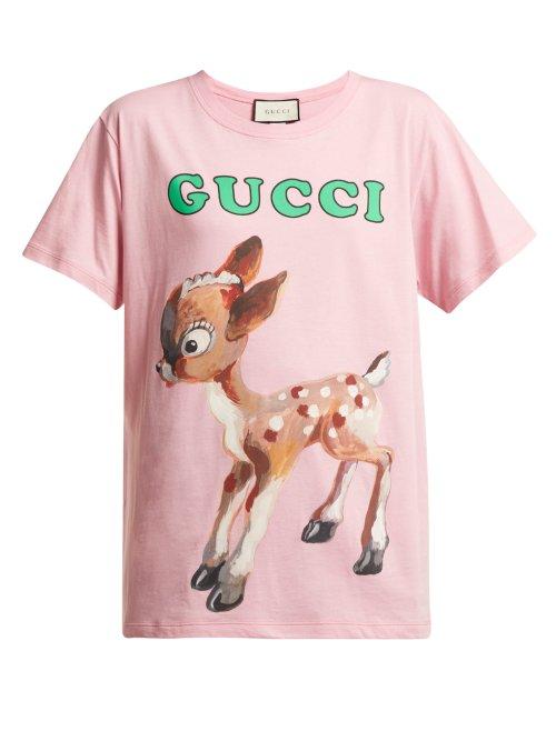 Matchesfashion.com Gucci - Fawn And Floral Print Cotton T Shirt - Womens - Pink
