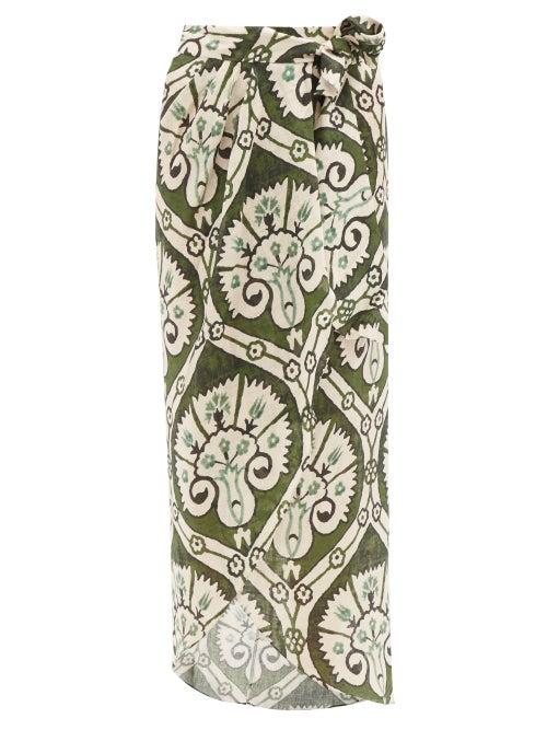Johanna Ortiz - Traveller Printed Linen Wrap Skirt - Womens - Khaki Print