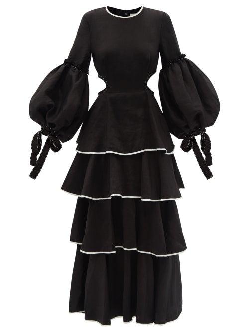 Ladies Rtw Aje - Gracious Cutout Tiered Linen-blend Dress - Womens - Black