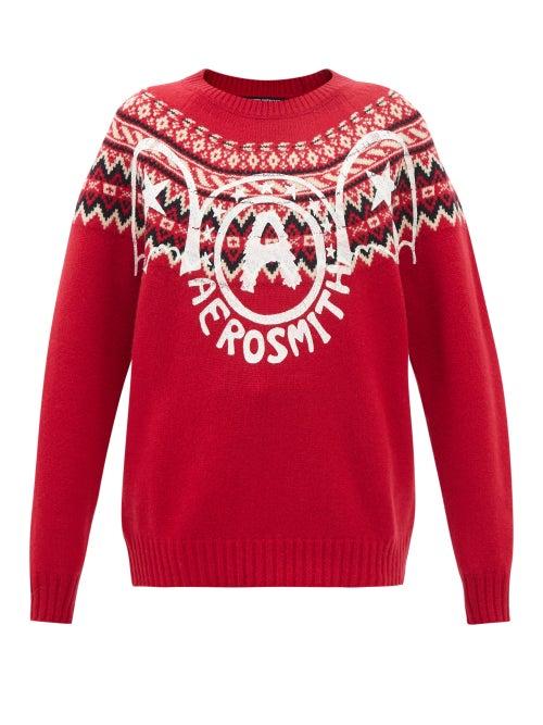Junya Watanabe - Aerosmith-print Fair Isle-intarsia Wool Sweater - Womens - Red Multi