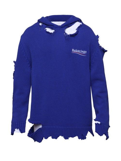 Balenciaga - Logo-embroidered Distressed Hooded Sweatshirt - Mens - Blue