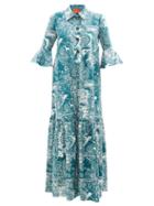 La Doublej - Artemis Mythical-print Poplin Maxi Shirt Dress - Womens - Blue Multi