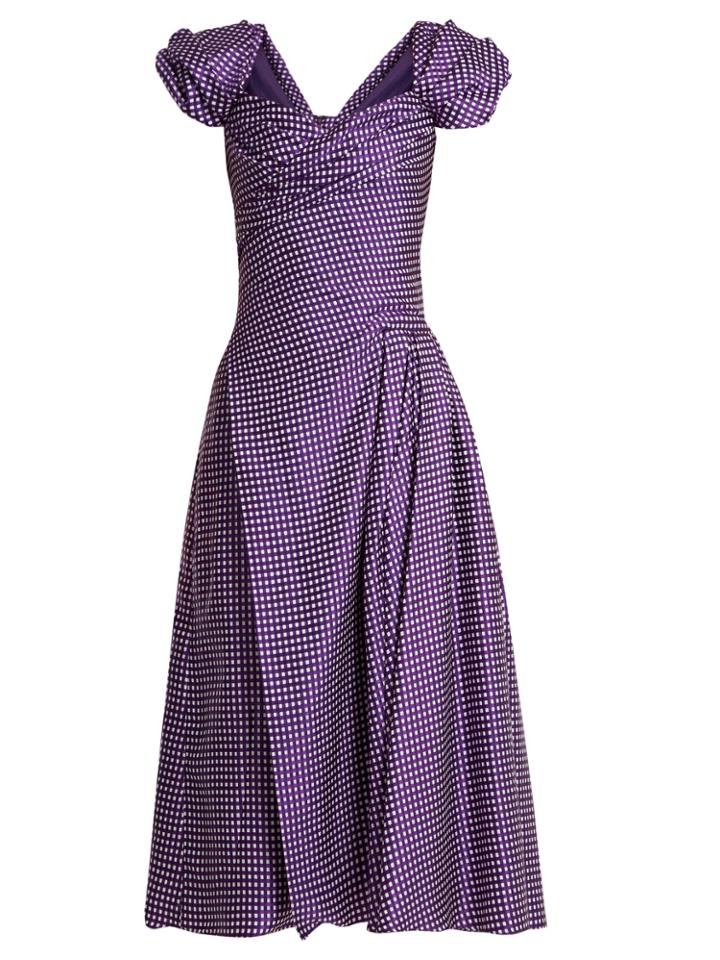 Carolina Herrera Sweetheart-neckline, Puff-sleeve Gingham Dress