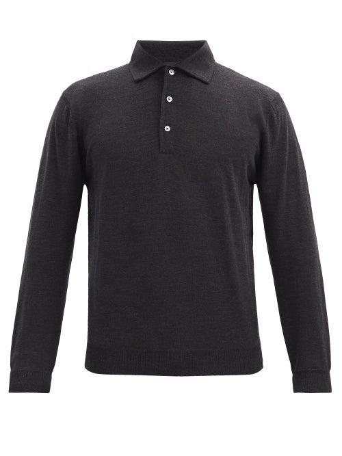 Matchesfashion.com Thom Sweeney - Wool-jersey Long-sleeved Polo Shirt - Mens - Dark Grey