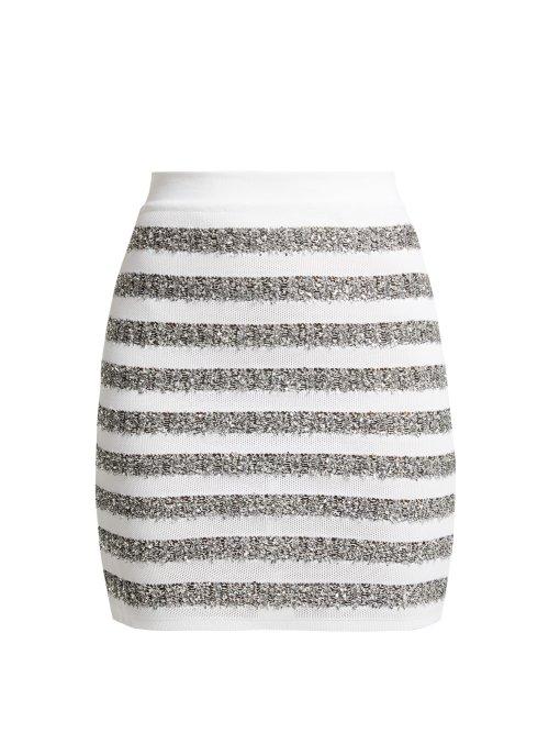 Matchesfashion.com Balmain - Lurex Trimmed Striped Knit Mini Skirt - Womens - White Silver