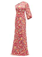 Matchesfashion.com Saloni - Lily One Shoulder Floral Print Silk Dress - Womens - Red Multi