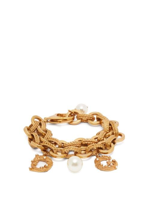 Matchesfashion.com Dolce & Gabbana - Faux Pearl Embellished Logo Charm Bracelet - Womens - Gold