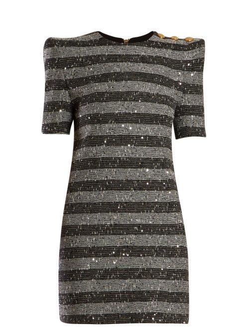 Matchesfashion.com Balmain - Striped Metallic Tweed Mini Dress - Womens - Black White