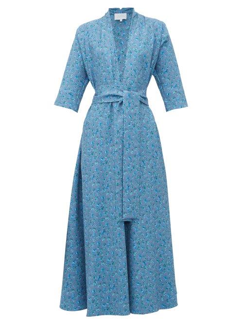 Matchesfashion.com Luisa Beccaria - V Neck Floral Print A Line Dress - Womens - Blue Multi