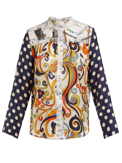 Matchesfashion.com La Prestic Ouiston - Peace Polka Dot Band Collar Silk Twill Shirt - Womens - Blue Multi