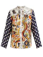 Matchesfashion.com La Prestic Ouiston - Peace Polka Dot Band Collar Silk Twill Shirt - Womens - Blue Multi