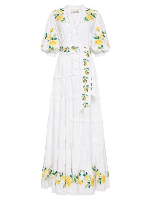 Ale Mais - Rosa Floral-embroidered Midi Dress - Womens - Ivory