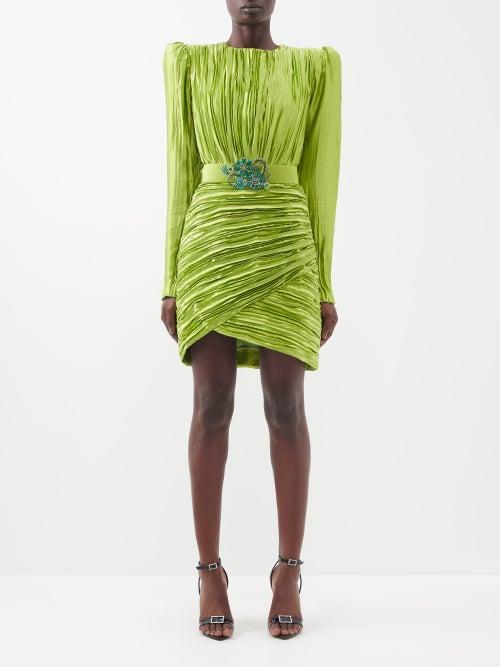 Andrew Gn - Jewel-belt Pliss Silk Dress - Womens - Green