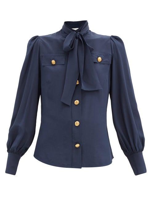 Matchesfashion.com Zimmermann - Lucky Sash-neck Buttoned Silk-georgette Blouse - Womens - Navy