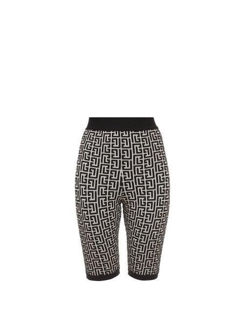 Ladies Rtw Balmain - High-rise Monogram-jacquard Cycling Shorts - Womens - Black