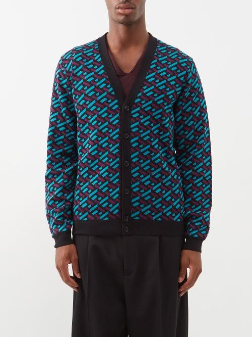 Versace - Greca-jacquard Wool-blend Cardigan - Mens - Teal Multi