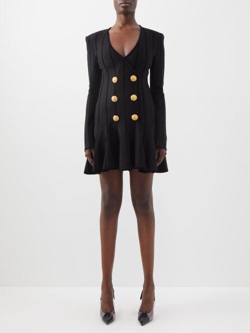 Balmain - Buttoned Flounced Knitted Dress - Womens - Black