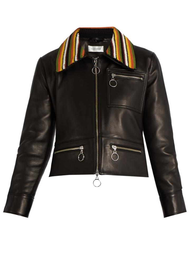 Wales Bonner Crochet-collar Leather Biker Jacket