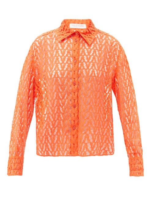 Valentino - Optical Valentino Cutout-lace Shirt - Womens - Orange