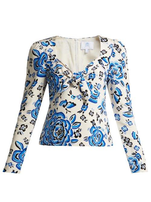 Matchesfashion.com Rebecca De Ravenel - Zaza Floral Print Silk Crepe Top - Womens - Blue Multi