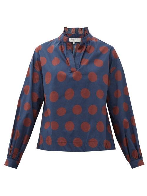 Matchesfashion.com Sea - Penny Spot-print Ruffled Cotton-blend Blouse - Womens - Navy