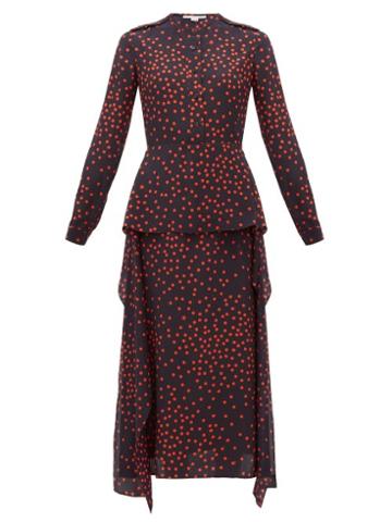 Matchesfashion.com Stella Mccartney - Polka Dot Print Draped Panel Silk Dress - Womens - Navy