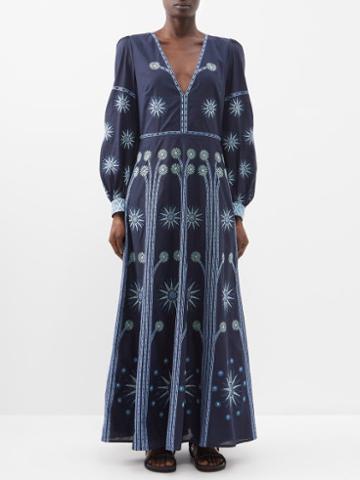 Emporio Sirenuse - Adelaide Embroidered V-neck Maxi Dress - Womens - Blue
