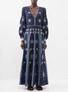 Emporio Sirenuse - Adelaide Embroidered V-neck Maxi Dress - Womens - Blue