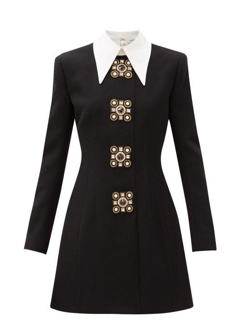 Matchesfashion.com Andrew Gn - Oversized-collar Crystal-brooch Wool-blend Dress - Womens - Black