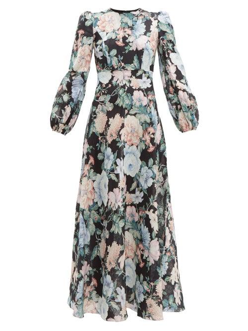 Matchesfashion.com Zimmermann - Allia Floral Print Linen Poplin Maxi Dress - Womens - Black