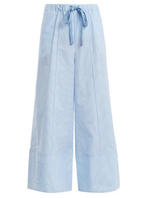 Matchesfashion.com Fendi - Wide Leg Striped Cotton Poplin Trousers - Womens - Light Blue