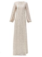Matchesfashion.com Rochas - Puff-sleeve Sequinned-jersey Maxi Dress - Womens - Silver