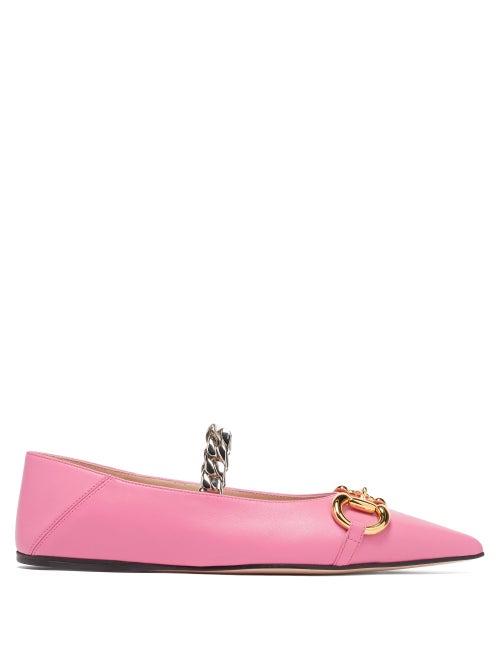 Ladies Shoes Gucci - Deva Horsebit Collapsible-heel Leather Flats - Womens - Pink