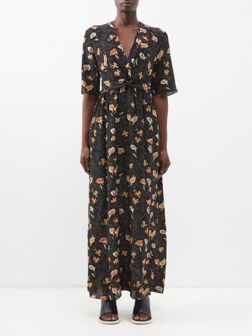 Raey - Daffodil & Lily-print Knot-front Silk Day Dress - Womens - Black Print