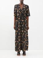 Raey - Daffodil & Lily-print Knot-front Silk Day Dress - Womens - Black Print
