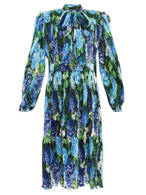Richard Quinn - Roxy Pleated Silk Twill Midi Dress - Womens - Blue Multi