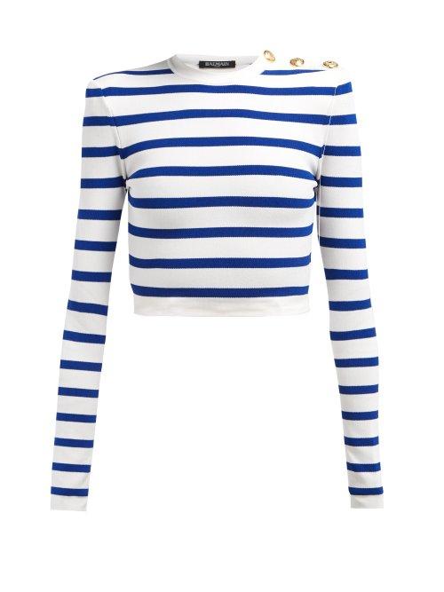 Matchesfashion.com Balmain - Striped Cropped Top - Womens - Blue White