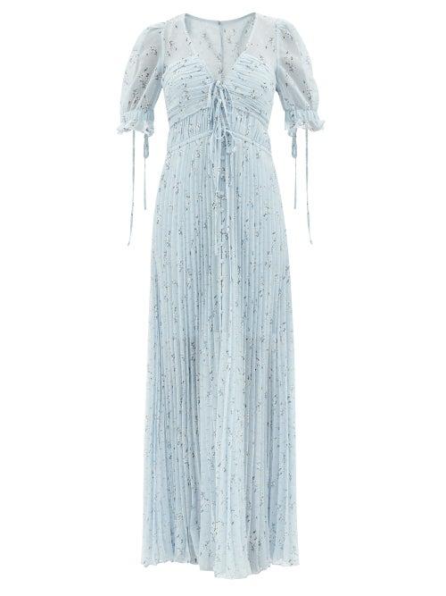 Self-portrait - Floral-print Fil-coup Pleated-georgette Dress - Womens - Light Blue