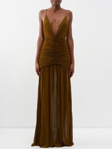 Saint Laurent - Plunging Ruched Voile Gown - Womens - Gold